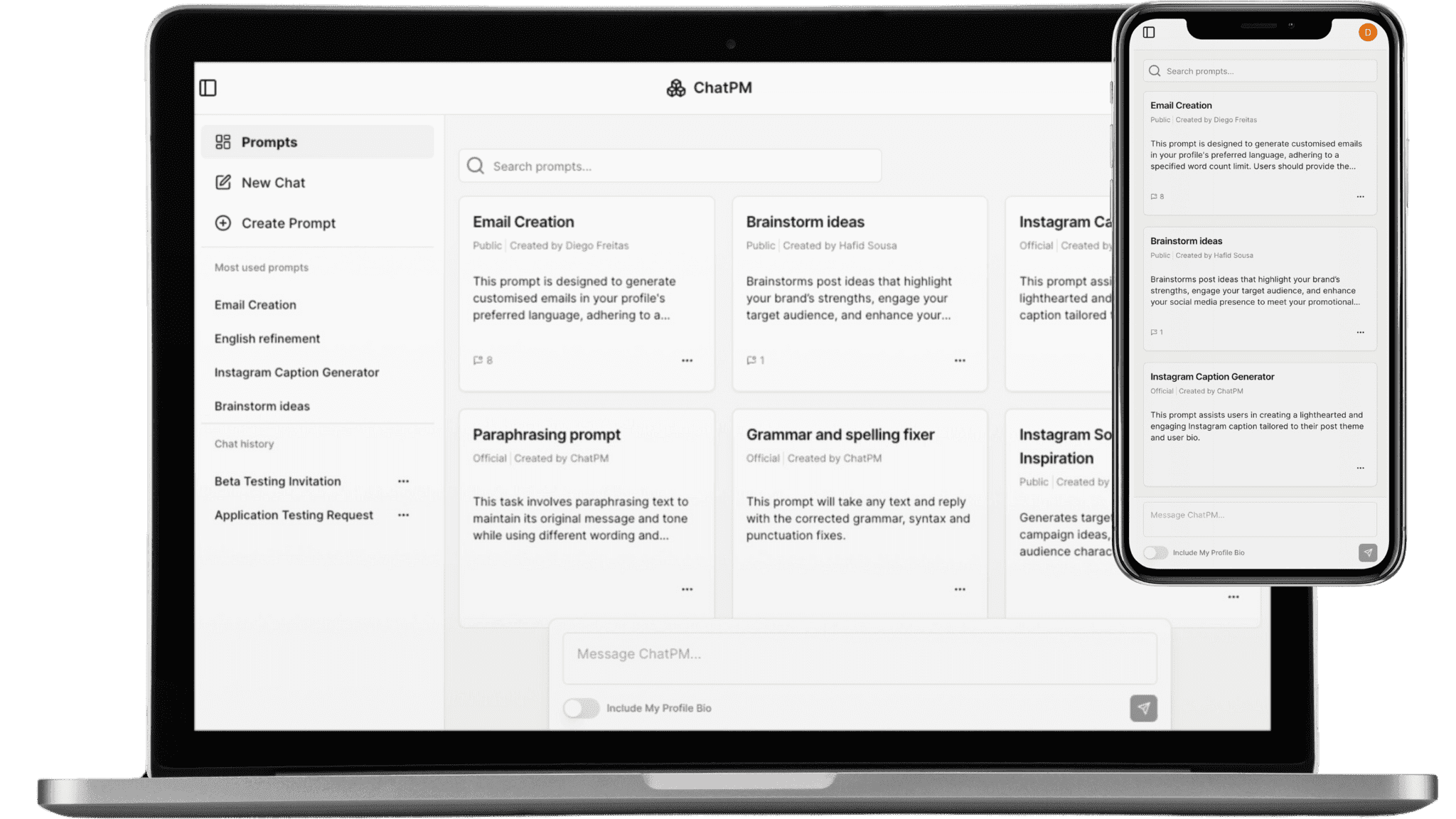 ChatPM User Interface displayed on a laptop and mobile device